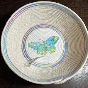 Handmade Ivory Rope Bowl Basket w/Blue Butterfly 9"x2.75" for Jewelry Remote Key